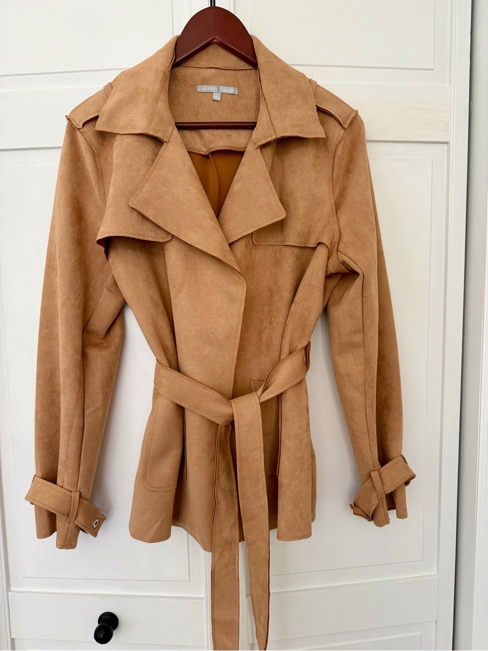 Belted Suede-Look Pea Coat Jacket - Camel